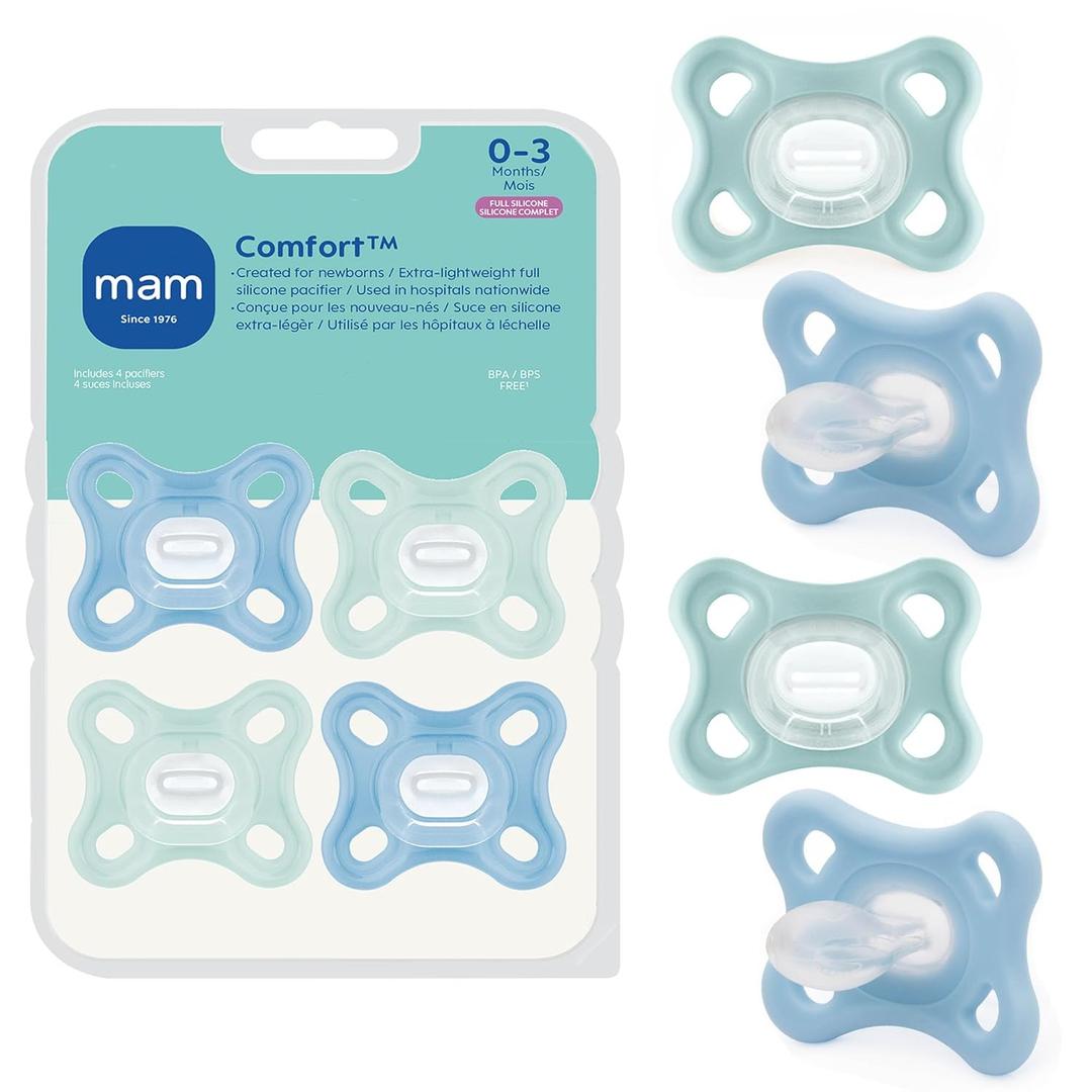 MAM Comfort Baby Pacifier 0-3 Months, Specially for Smaller Newborn Mouths, Lightweight One-Piece BPA-Free Silicone, Easy to Clean, Best for Breastfed Babies, 4 Pk, Made in Europe (4 Count (Pack of 1), Ice water/Sapphire)