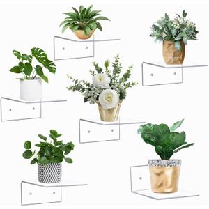 6 Pack Small Acrylic Floating Shelves for Wall, Wall Mounted Hanging Display Shelves for Plants, Funko Pop Figures, Adhesive Shelf for Bedroom, Picture Toy Clear Display Shelf
