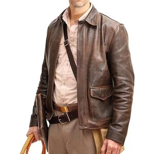 Men's Raiders of The Lost Harrison Jones Vintage Brown Bomber Leather Jacket Genuine Cowhide Distressed Leather Jacket (Large)