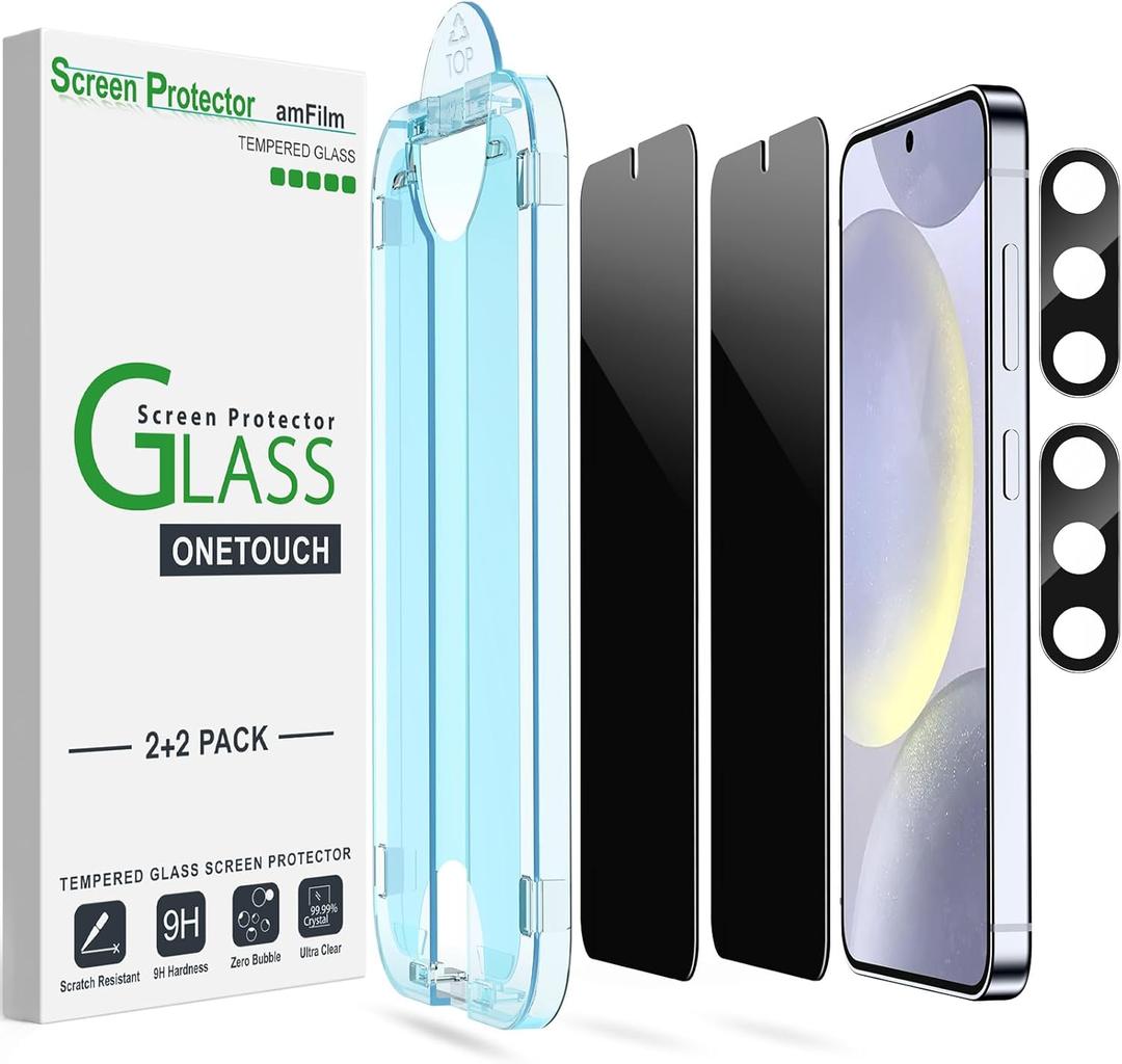 amFilm Auto-Alignment OneTouch for Samsung Galaxy S24+/S24 Plus 6.7" Privacy Screen Protector + Camera Lens Protector, Tempered Glass, 30 Seconds Installation, Bubble Free, Privacy Protection 2+2 Pack