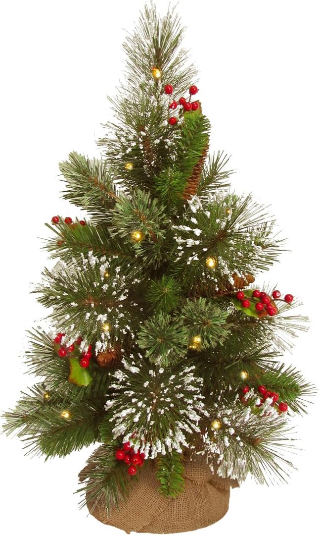 National Tree Company Pre-Lit Artificial Christmas Tree, Green, Wintry Pine, White LED Lights, Decorated with Pine Cones, Berry Clusters, Includes Cloth Bag Base, 18 Inches