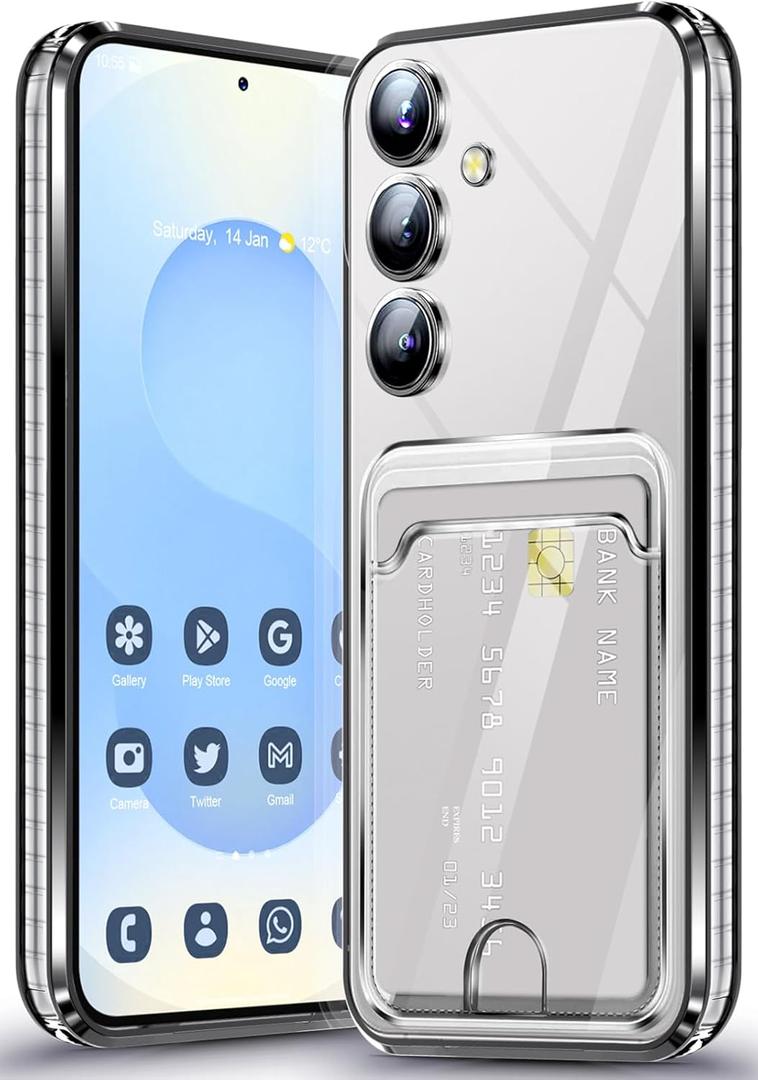 Neivi for Samsung Galaxy S25 Plus Case with Card Holder, Electroplated Flash Bumper Clear Slim Case for Samsung S25 Plus Shockproof Transparent Silicone Cover Galaxy S25 Plus 5G Phone Case (Black)