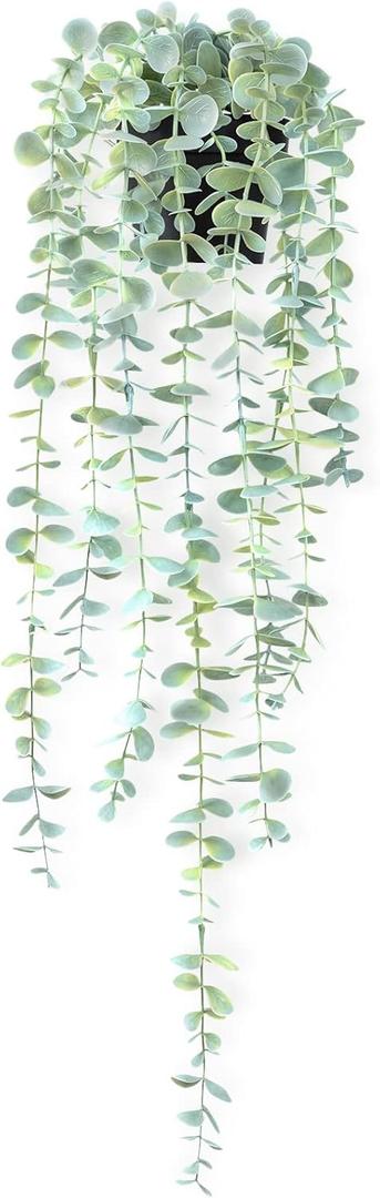 Fake Hanging Plant Eucalyptus Artificial Faux Plants Indoor Small Wall Greenery Decor for Shelf with Black Pot Soft Green 1PCS 23Inch Long