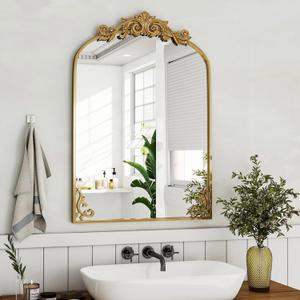 36"x 24" Arched Bathroom Mirror, Wall-Mounted Mirror with Carved Metal Frame & Bottom Art Carved, Vanity Mirror for Home Decor, Hanging Wall Mirror with Baroque Ornate Carved Accents, Vintage Gold (36"L x 24"W)
