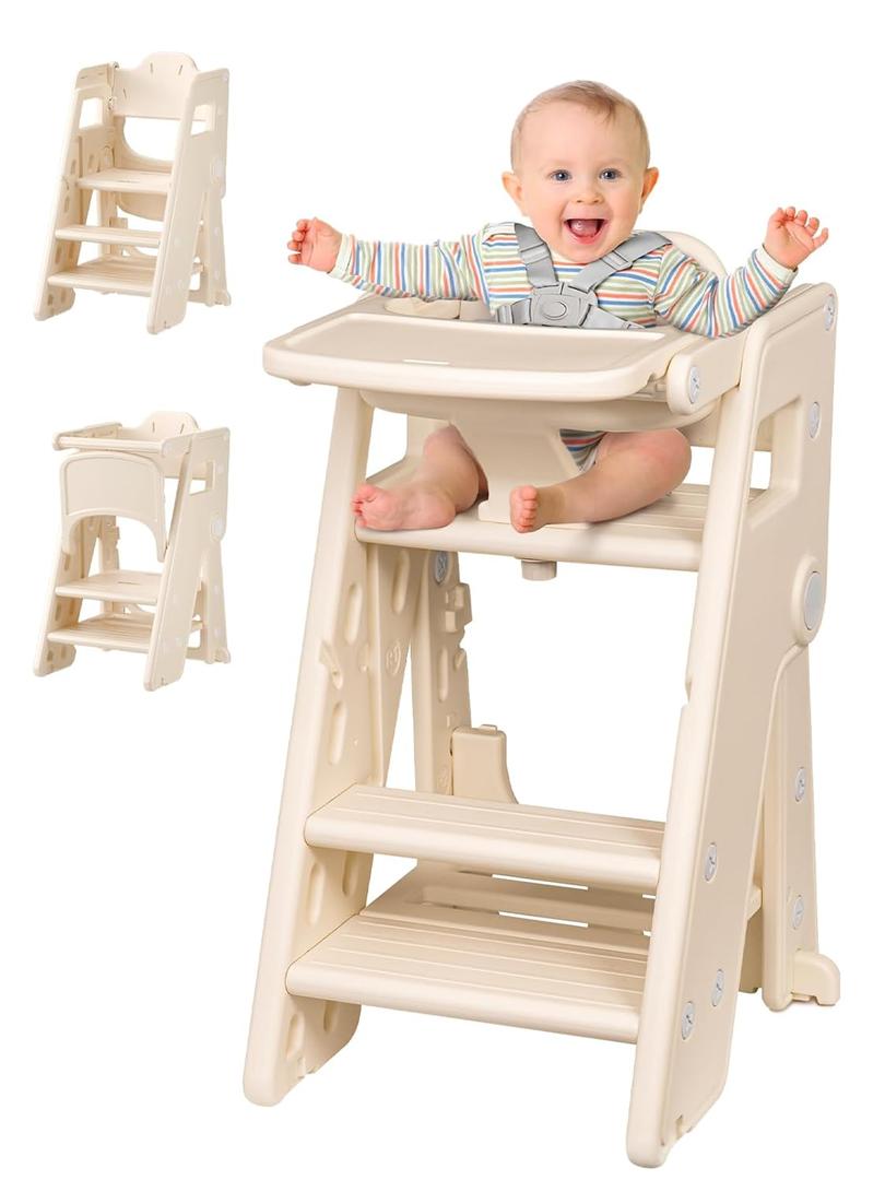 VBABY High Chairs for Babies and Toddlers, 3 in 1 Foldable Highchair with Adjustable Tray, Convertible High Chairs to Toddler Tower, Portable Baby Highchairs, Beige