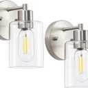 Wall Sconces for Bathroom, Brushed Nickel Vanity Light Fixtures, Modern Wall Mount Lighting Lanterns, Farmhouse Wall Lamps with Clear Glass Shade for Bedroom Living Room Mirror Hallway Porch (2PACK)