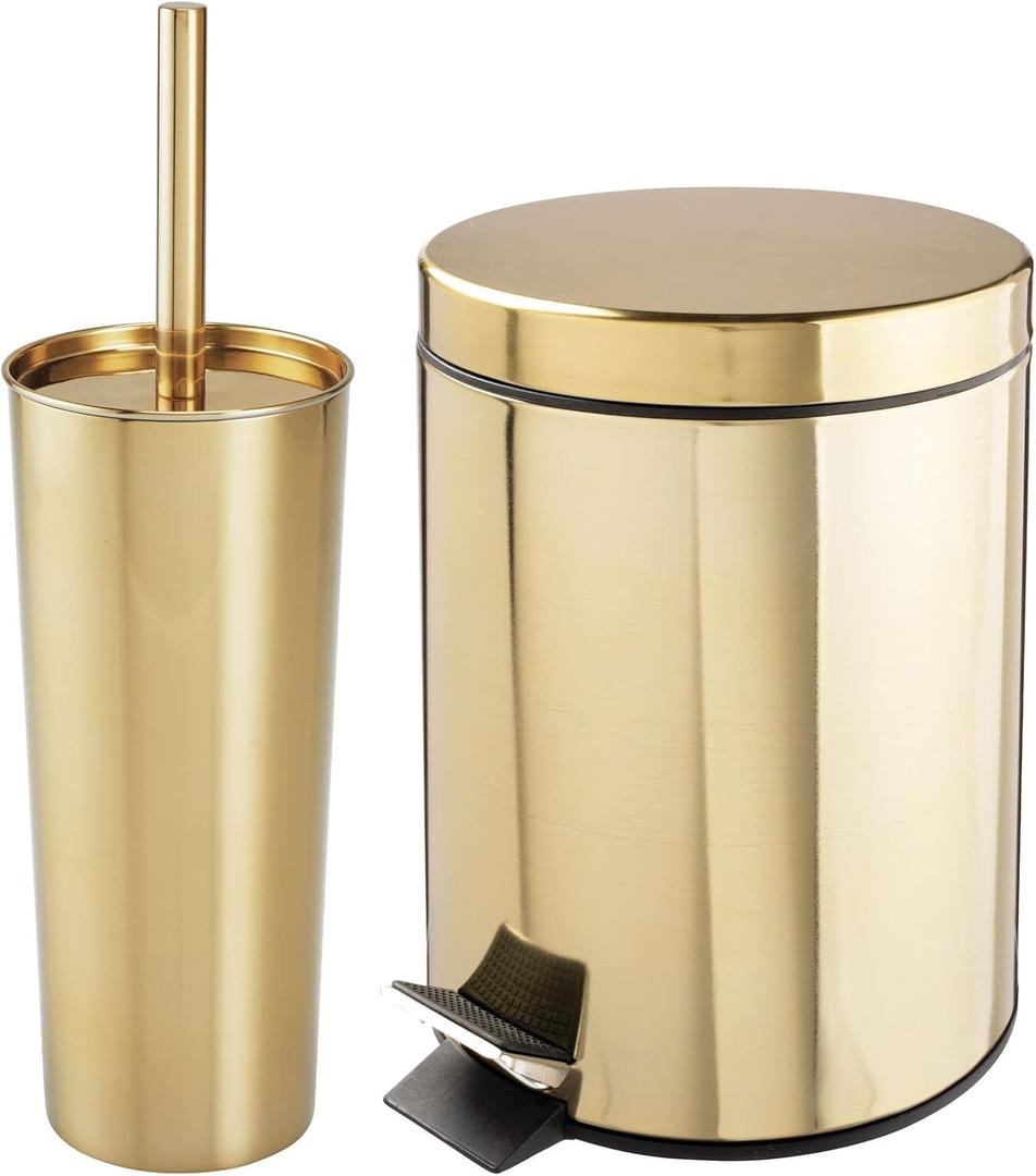 mDesign Metal Steel/Plastic Toilet Bowl Brush/Holder and Round 1.3 Gallon/5L Step Trash Can Combo Set for Bathroom; Holds Trash, Recycling, Deep Cleaning, Mirri Collection, Brass