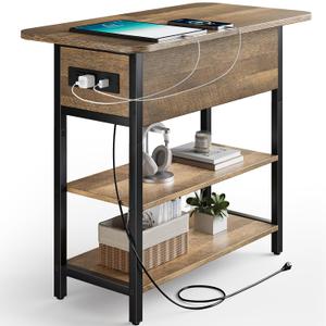 Yoobure End Table with Charging Station, Flip Top Side Table with USB Ports and Outlets, Sofa Couch Table Bedside Table for Living Room Bedroom, Narrow Nightstand with Storage Shelves for Small Space, 23.6" x 11.8" x 23.8"
