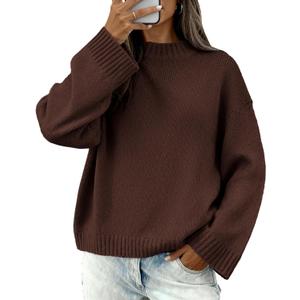 BTFBM Sweaters for Women 2025 Casual Crewneck Long Sleeve Loose Ribbed Knit Pullover Sweater Winter Clothes Fall Outfits (Large, Brown)