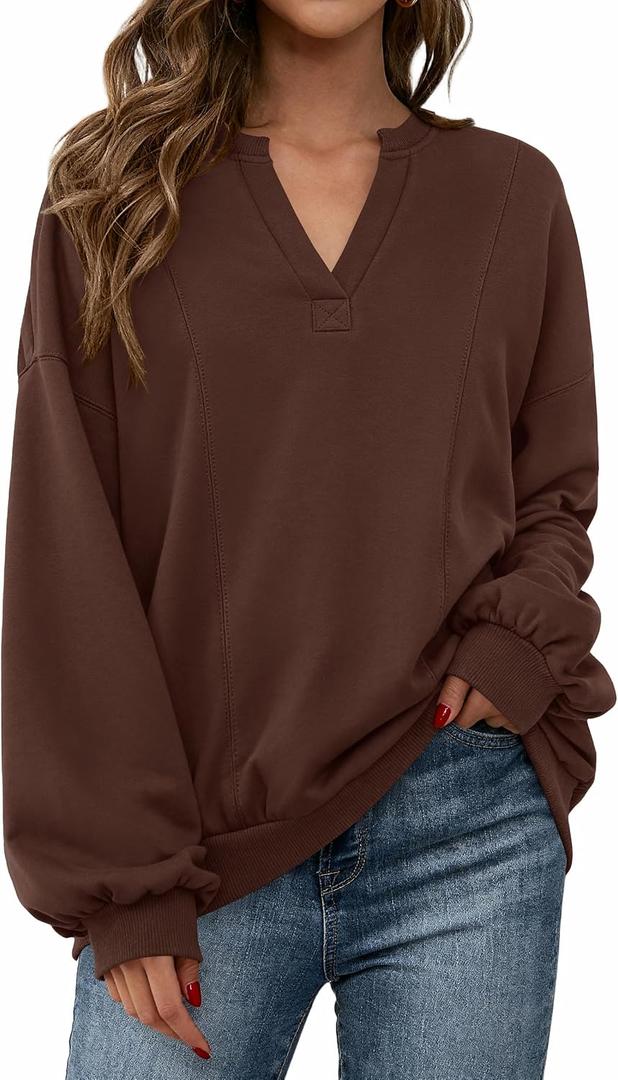 dowerme Oversized Sweatshirt for Women Casual Long Sleeve V Neck Comfy Fleece Pullover Tops Pockets Fall Outfits 2025 (Brown, S)