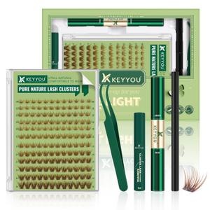 KEYYOU Natural Lash Clusters Kit 144Pcs DIY Lash Extension Kit Wispy Eyelash Extensions Kit D Curl 8-16MIX with Bond and Seal and tweezers with Thin Lash KIT-N03-Brown-D-8-16MIX