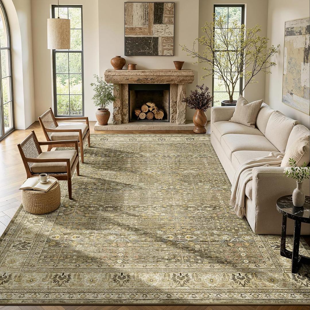 Lofus 9x12 Washable Area Rug for Living Room, Non-Slip Brown Boho Carpet