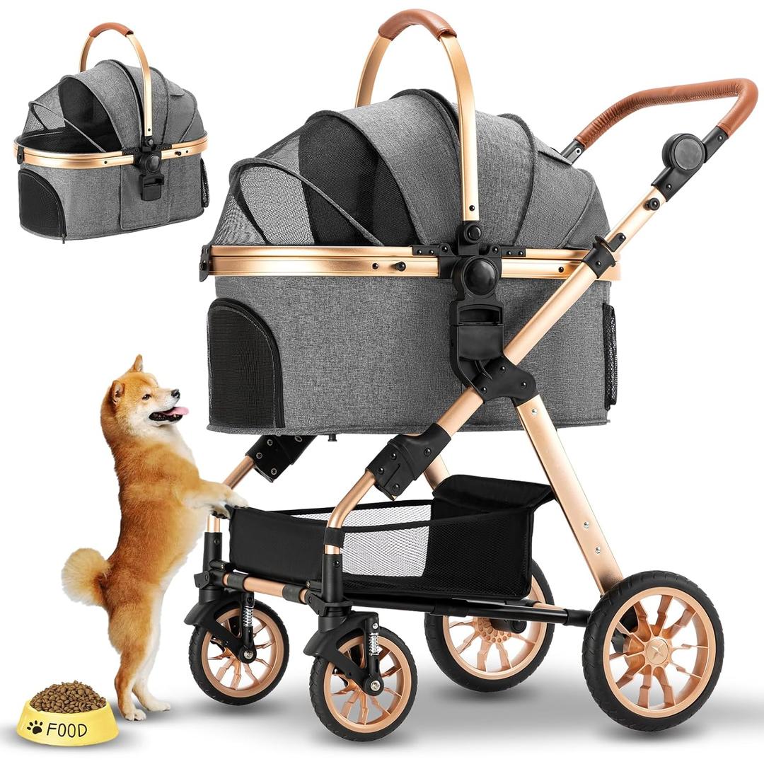 Pet Stroller for Medium & Small Dogs - Foldable, Lightweight Dog Carrier with Storage Basket (Gray)
