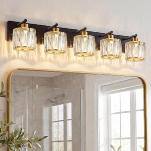 VOLISUN Crystal Vanity Lights for Bathrooms, 5 Light Bathroom Vanity Light, Black and Gold Bathroom Light Over Mirror, Modern Bathrooms Lights Fixtures-UL Certificated(Exclude Bulb)