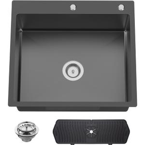 Black Kitchen And Bar Sink, 25x22 Inch Stainless Steel Drop In Kitchen Sink Modern Single Bowl Topmount Bar Sink Combo-Silicon Mat,Drain Strainer Set Compatibility With Various Kitchen & Bar Style