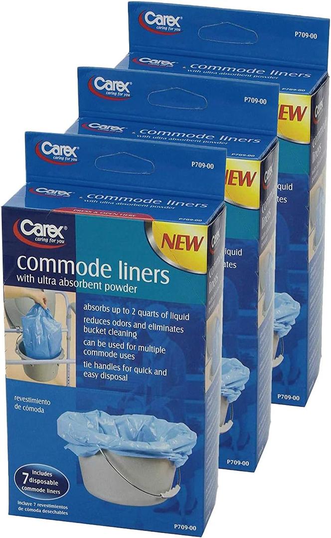 Carex Commode Liners, 21 Liners - Fits Most Commodes, with Absorbent Powder, Holds 2 Quarts Liquid, Disposable - 7 Toilet Liners/Box, Pack of 3 Carex Commode Liners, 21 Liners - Fits Most Commodes, with Absorbent Powder, Holds 2 Quarts Liquid, Disposable - 7 Toilet Liners/Box, Pack of 3