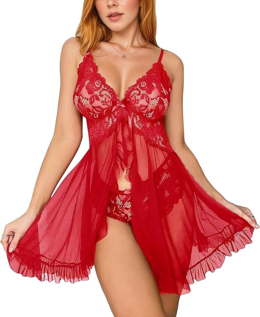 dream love Women Lingerie Lace Babydoll Chemise Ruffle Nightgown Sleepwear S-XXL (Red, L)
