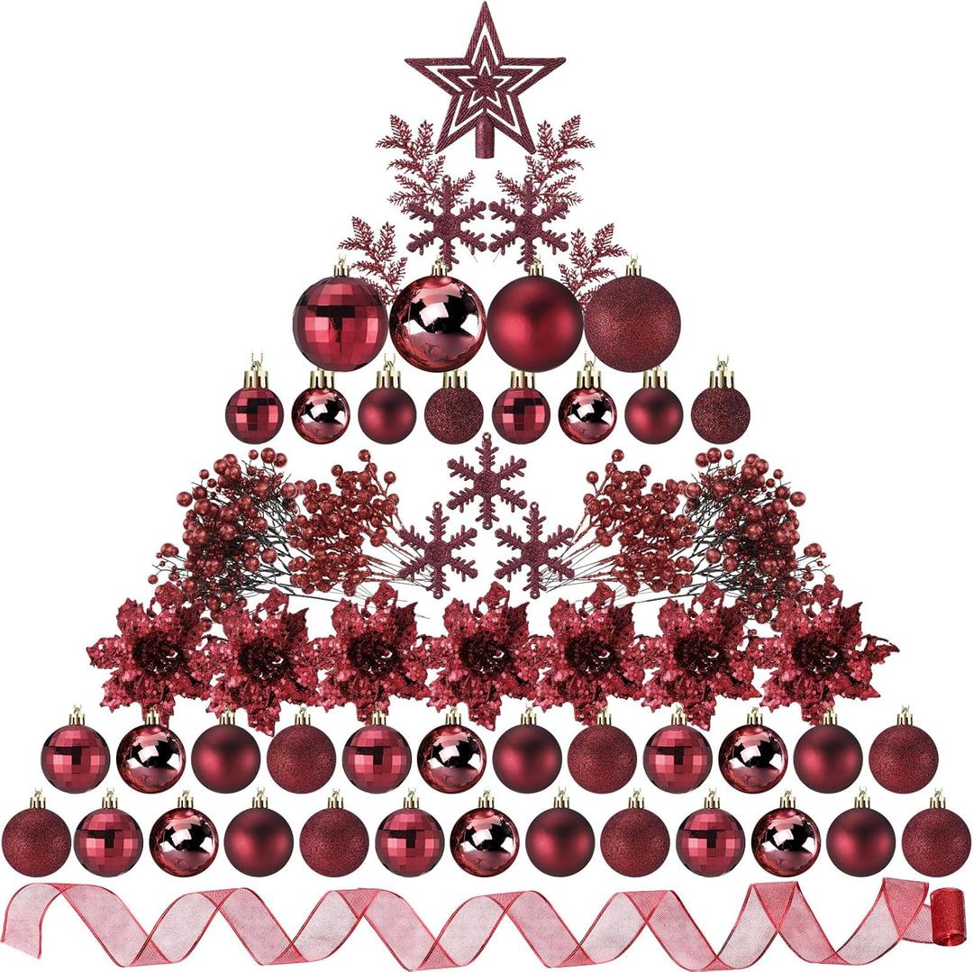 Sratte 94 Pcs Christmas Tree Decorations Set, Christmas Tree Ball Ornaments Glitter Poinsettia Flowers Decorations Glitter Berries Stems for Xmas Holiday Wedding(Burgundy)