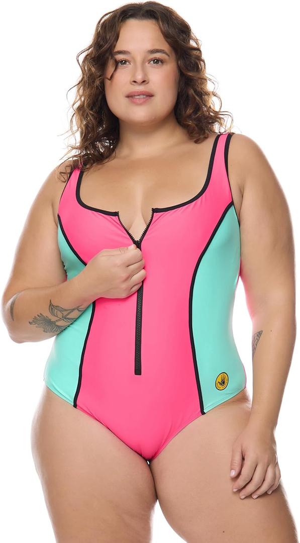 Body Glove Women's Time After Time Plus Size One-piece Swimsuit Zip Front, Shelf Bra, Power Mesh, Size: 2X