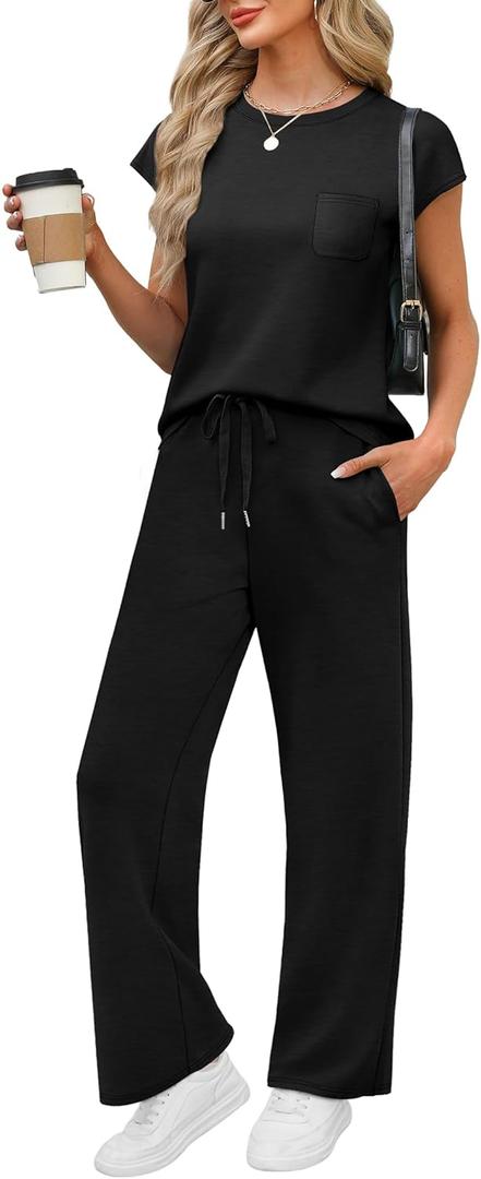 WIHOLL 2 Piece Sets for Women Casual Summer Travel Vacation Outfits Cap Sleeve Lounge Set (Small, Black)