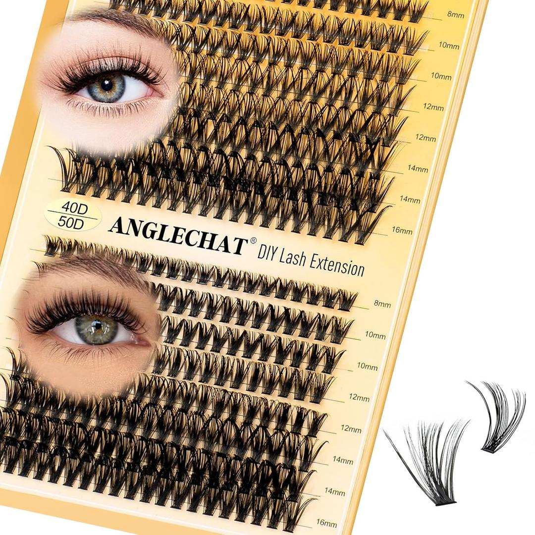 Lash Clusters WispyCluster Eyelash Extensions 320pcs Individual Natural Lashes 8-10-12-14-16mm Lash Extension D Curl DIY Thick False Eyelashes Fox Eye Soft Comfortable with Thin Band (Black-40D+50D)