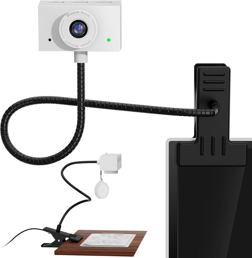 Webcam for PC, Laptop Camera USB Webcam with Adjustable Gooseneck, Flexible Positioning 1080P Computer Camera for Presentation, Desktop Demo, Full-Body View, Video Call, Zoom, Teams, Skype (White)