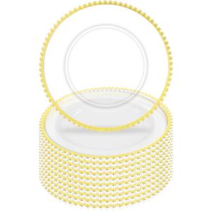 10Pcs Clear Charger Plates Bulk Wedding - 13" Premium Clear Plastic Chargers with Gold Beaded RimDecorative Dinner Charger Plates for Events & Parties