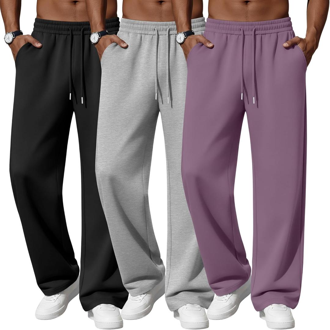 Neer 3 Pack Men's Lounge Pants Lightweight Open Bottom Baggy Sweatpants Casual Drawstring Joggers with 3 Pockets for Leisure (Medium, Black, Light Gray, Gray Purple)