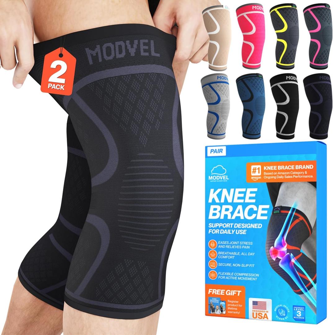 Modvel 2 Pack Knee Brace for Women & Men - Workout Knees Compression Sleeve for Knee Pain Relief Joint Support for ACL, Arthritis, Meniscus Tear Knees Brace for Sports, Rodilleras para Gym Fitness (Medium, Black/Grey - Best Seller)