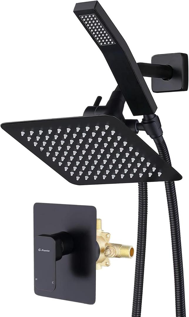 All Metal Shower Faucet Set, Dual Square Shower Head System with Handheld Wand, Diverter, Hose Complete Combo, Pressure Balance Rough-in Valve Included (Matte Black)