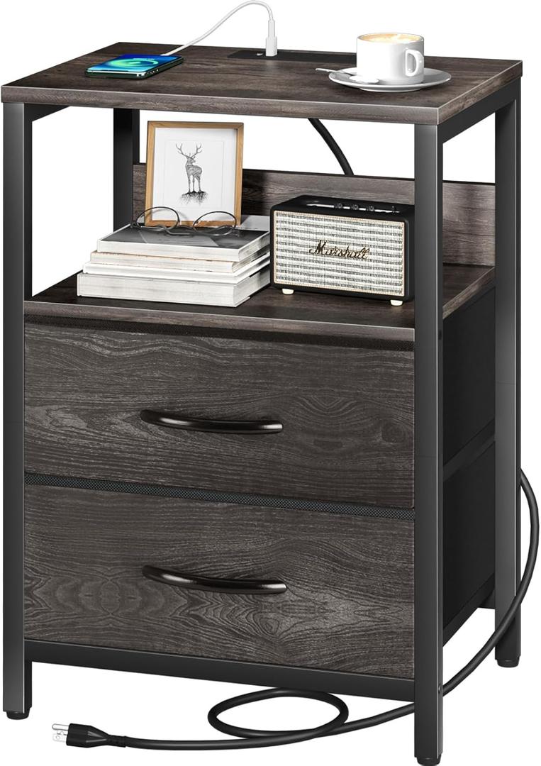Yoobure Nightstand with Charging Station, Small Night Stand with Fabric Drawers and Storage Shelf for Bedrooms, Nightstands for Small Spaces, Bedside Table with USB Ports & Outlets, Bed Side Table