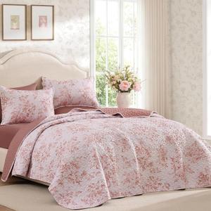 Andency Flower Queen Quilt Set, 3 Pieces Pink Soft Floral Bedspread, Queen-XL