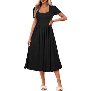 Newshows Women's Summer Square Neck Ribbed Knit Short/Long Sleeve A Line Flowy Midi Dress with Pockets (Medium)
