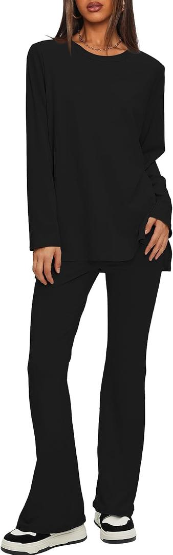 Darong Women 2 Piece Set Fall Outfit Cross Waist Flare Pants Long Sleeve Tunic Top Matching Lounge Set Travel Outfits (Black, S)