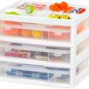 IRIS USA Fits 12" x 12" Paper, 3-Tier Desk Top Storage Unit with Organizer Top, for Office Art & Craft Supplies, Pens Pencils Sticky Notes Paper Clips, 3 Clear Cases w/ Built in Handle - White/Clear
