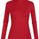 POPZONE Women's Lettuce Trim Mock Neck Long Sleeve Slim Fit Ribbed Knit Tee Shirt Tops, Red , Size M