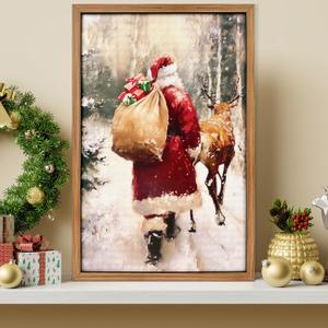 Vintage Christmas Decorations Santa Framed Wooden Wall Art Vintage Reindeer in Snow Christmas Hanging Decorations Xmas Winter Scene Decoration