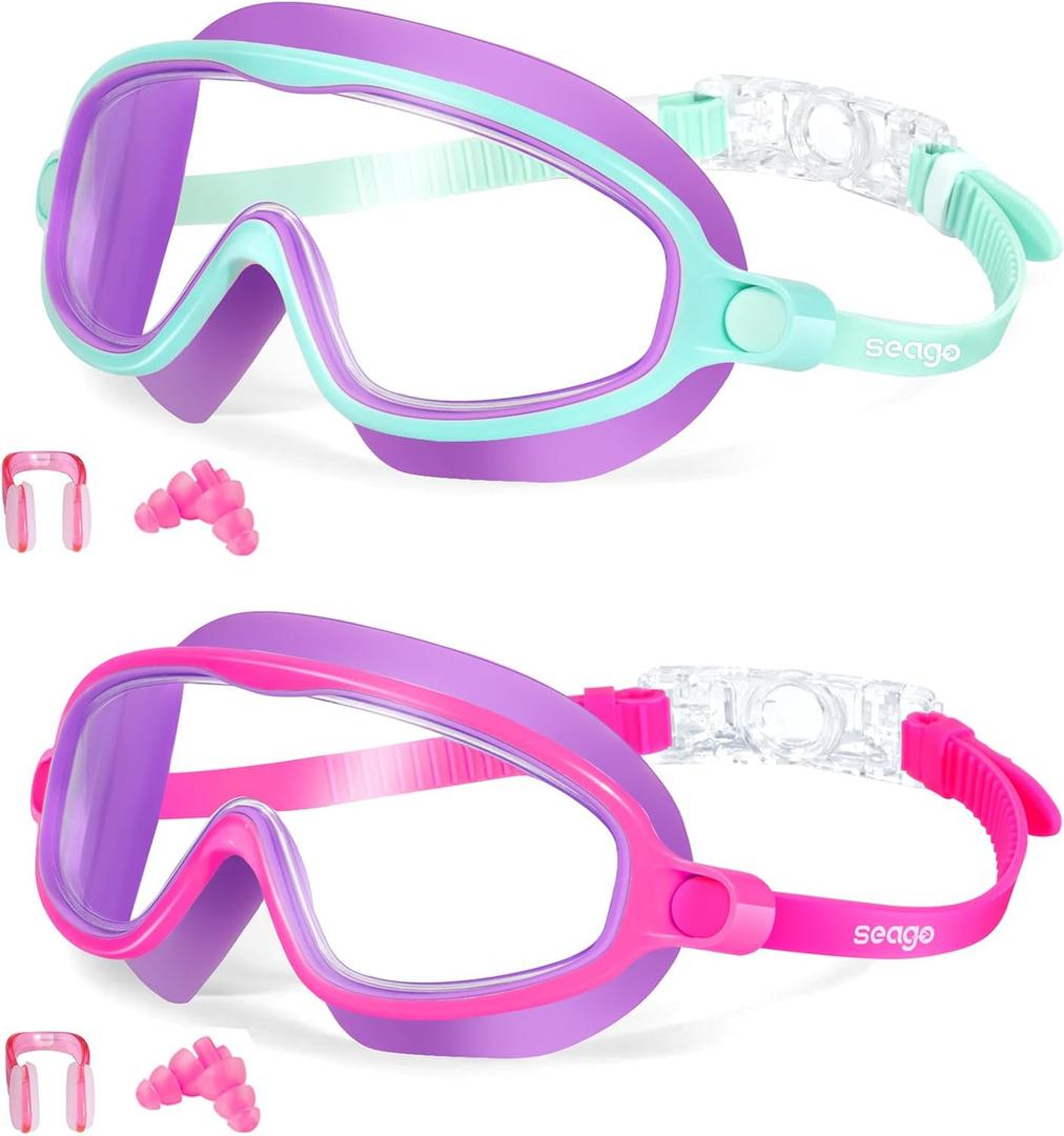 Kids Goggles for Swimming 2 Pack No Leaking Anti-Fog Outer Eye Fit with Wide View UV Protection Crystal Clear Watertight Swim Goggles with nose cover Suitable for Children Youth Boys Girls Age 3 to 14