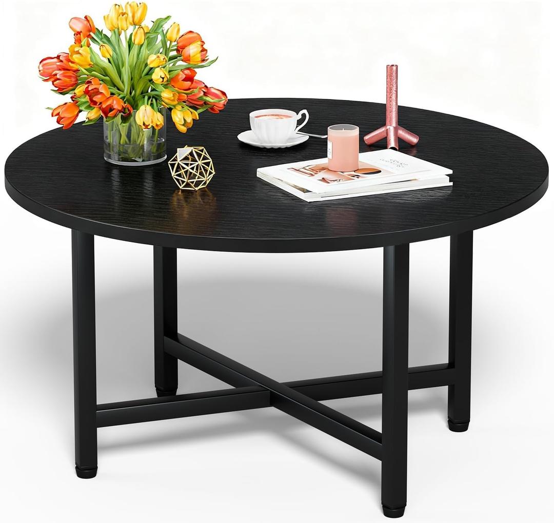 FAMIDGE Round Coffee Table, Small Coffee Tables for Living Room, Black Coffee Table with Metal Frame, Floor Table Desk for Sitting on The Floor, Home, Office, Farmhouse, Black (23.6" D x 17.7" H), Small 1T
