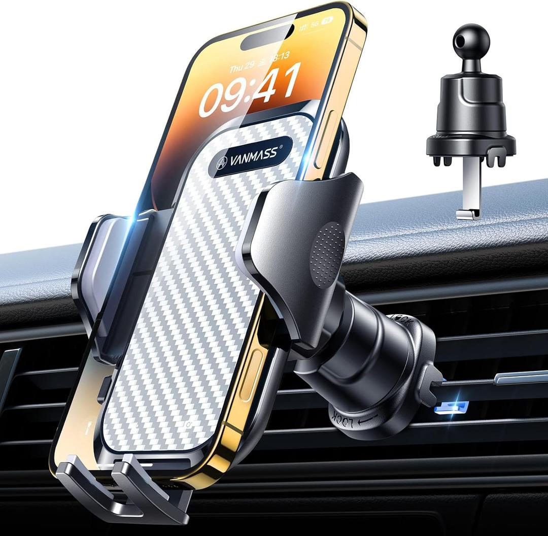 VANMASS Car Phone Holder Mount 2025 Upgraded [Patent Steel-Hook] Car Vent Phone Mount Clip Military-Grade Shockproof Cell Phone Car Mount Handsfree Truck Stand Vent Cradle for iPhone 16 Android,Black