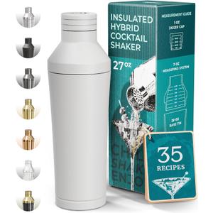 BARE BARREL Insulated Cocktail Shaker Set | Double Wall Stainless Steel | Martini Shaker for Home Bar Bartending | Built-in Drink Measure System & Strainer, Travel Bag, Recipes | Gift Set (Matt White)