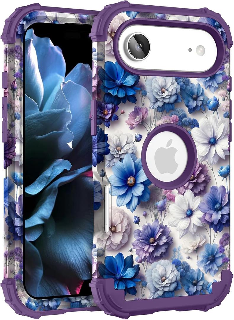 Hocase Heavy Duty Case for iPhone Air 6.5"", Blue Purple Flowers | Shockproof Protection Soft Silicone Rubber+Hard Plastic Bumpers Hybrid Protective Case for Women & Girls