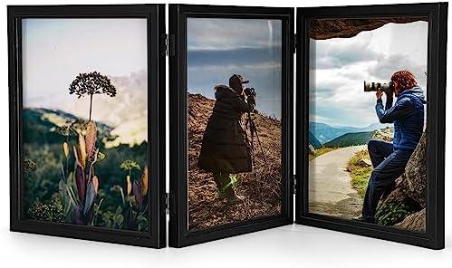 Sintuff 8 x 10 Picture Frames Hinged Fold Photos Frame Collage Vertical with Acrylic Opening Wood Desk Photo Rustic Multiple Desk Family Picture Collage Wedding Supplies(3 Fold Style)