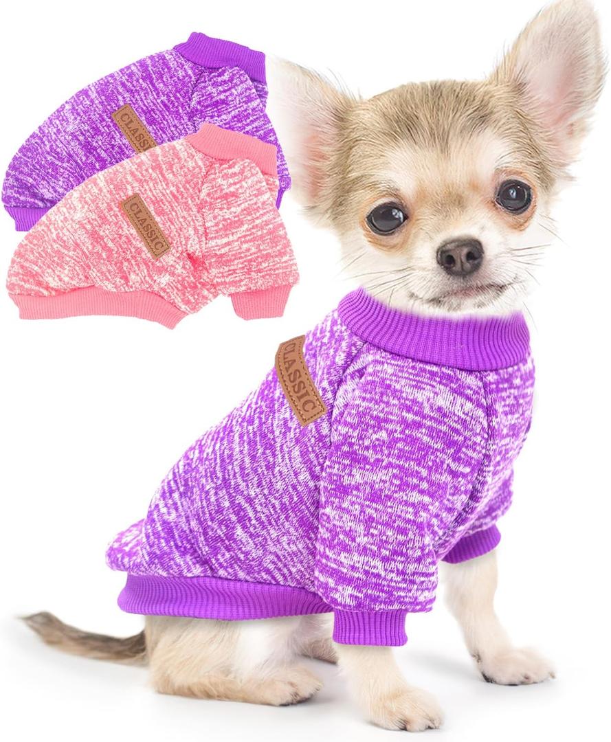 2 Pieces Dog Sweaters for Small Dogs Fall Dog Clothes Female Winter Fleece Puppy Sweaters Warm Thick Outfit Pet Small Dog Sweater for Boy Girl Dogs,XS (Purple+Pink)