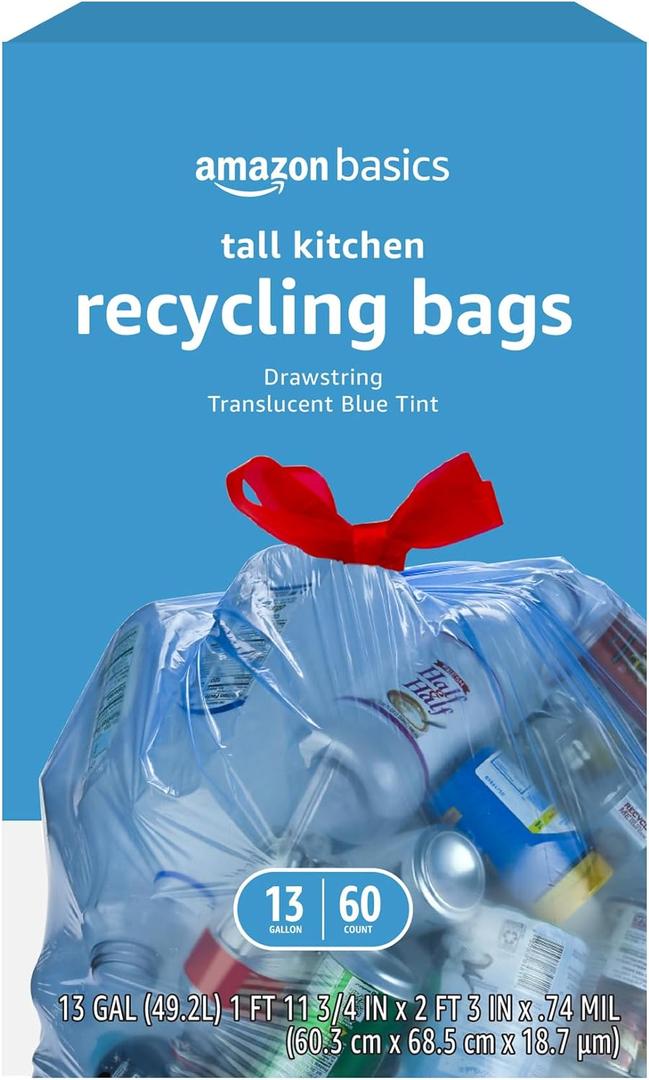 Amazon Basics Blue Recycling Drawstring Trash Bags, Tall Kitchen, Unscented, 13 Gallon, 60 Count