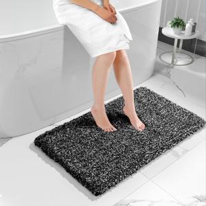 Yimobra Black and White Bathroom Rugs, Luxury Fluffy Bath Mats, Non Slip, Water Absorbent Microfiber, Machine Washable, Plush Runner Carpet Shower Rugs, Thick Matts for Bathroom Floor&Tub, 44" X 24"