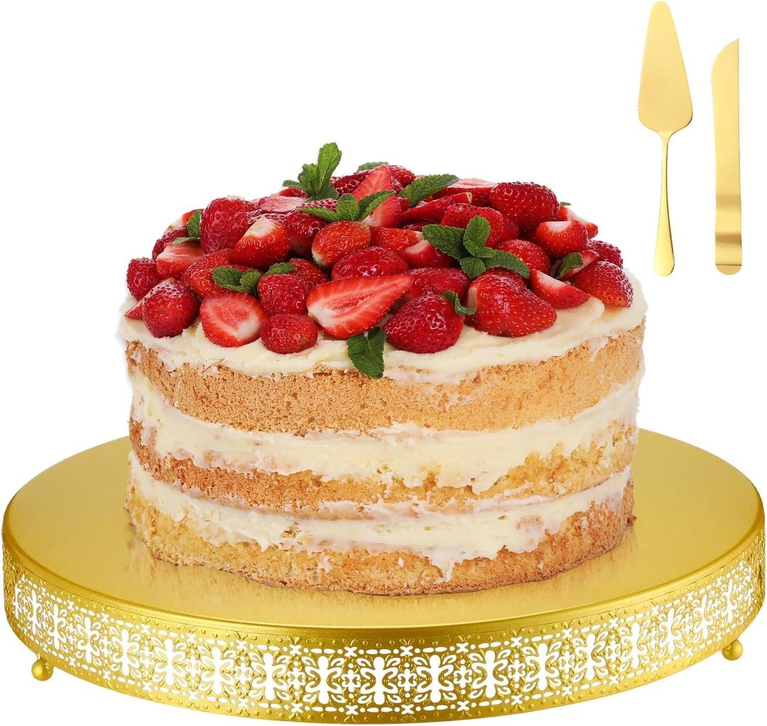 Wenqik Gold Cake Stand 18 Inch Metal Round Cupcake Dessert Stand with Cake Cutting, Spatula Xmas Cupcake Pastry Display Candy Holder Display for Wedding Birthday Party