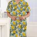 Veseacky Hawaiian Flower Print Pajamas for Men Button Down Short Sleeve Shorts Set (White Floral Leaf,L) (L)