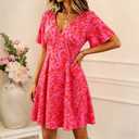 Casual Summer Dresses for Women Short Sleeve V Neck A Line Floral Mini Dress Flowy Beach Vacation Sundresses 2026 (Pink, M)
