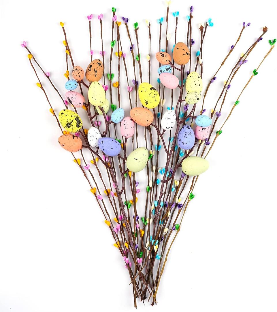 Artificial Easter Spray Vine with Pastel Easter Eggs and Berries- Decorative Spring Floral Stems-Easter Egg Twig Branches for Floral Arrangement-Centerpiece Wreath Decoration (26 Pcs)